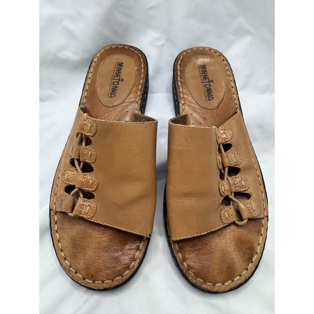 Minnetonka Womens Tan Leather Slide Sandals Whipstitch Lace Up Size 8